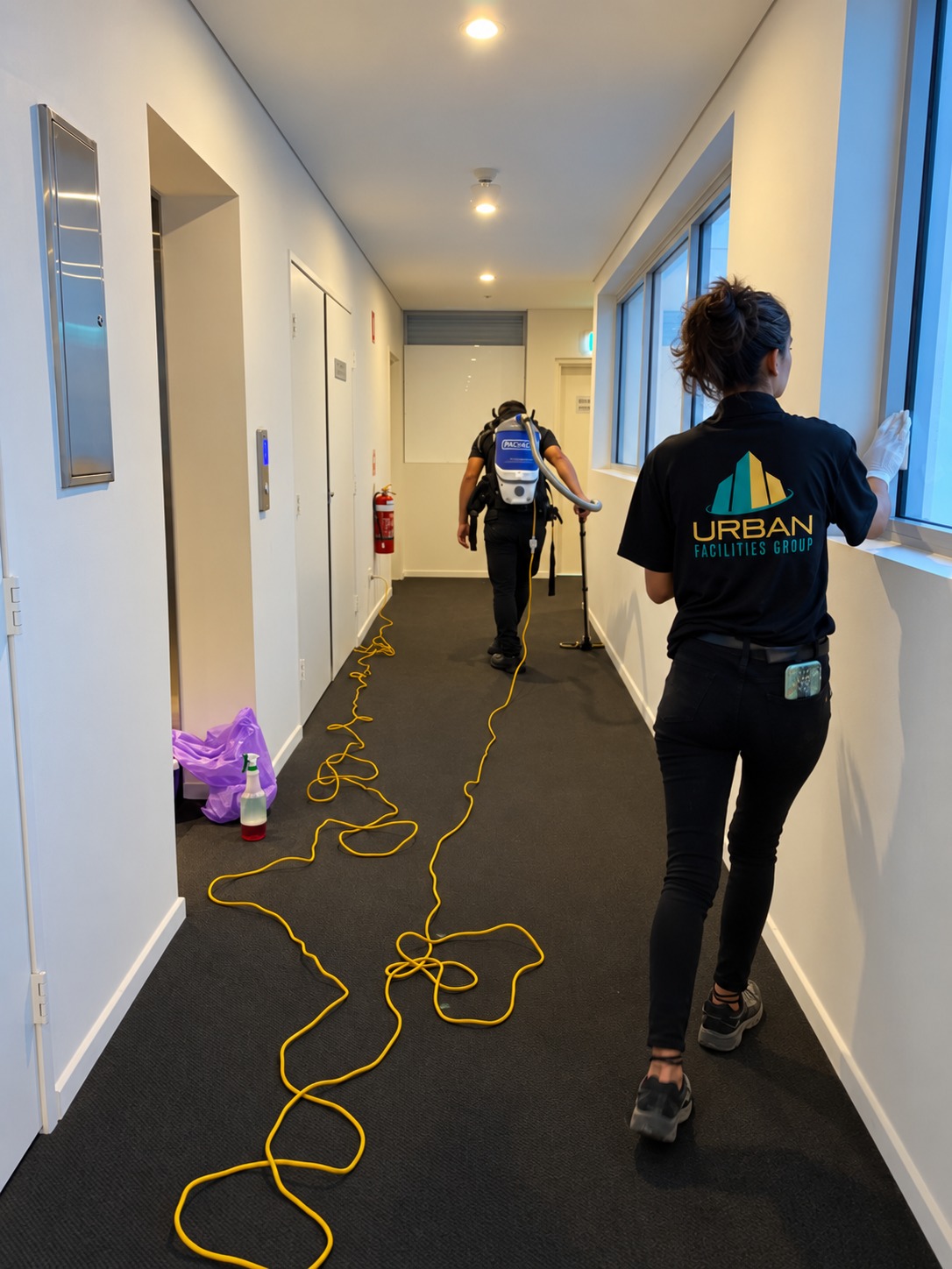 Urban Facilities Group cleaning team vacuuming and cleaning windows