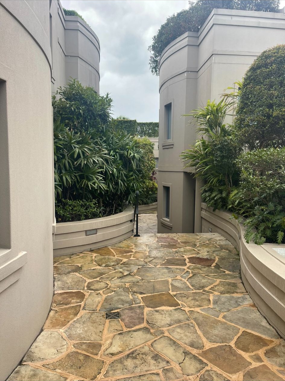 Clean stone pathway between landscaped garden beds